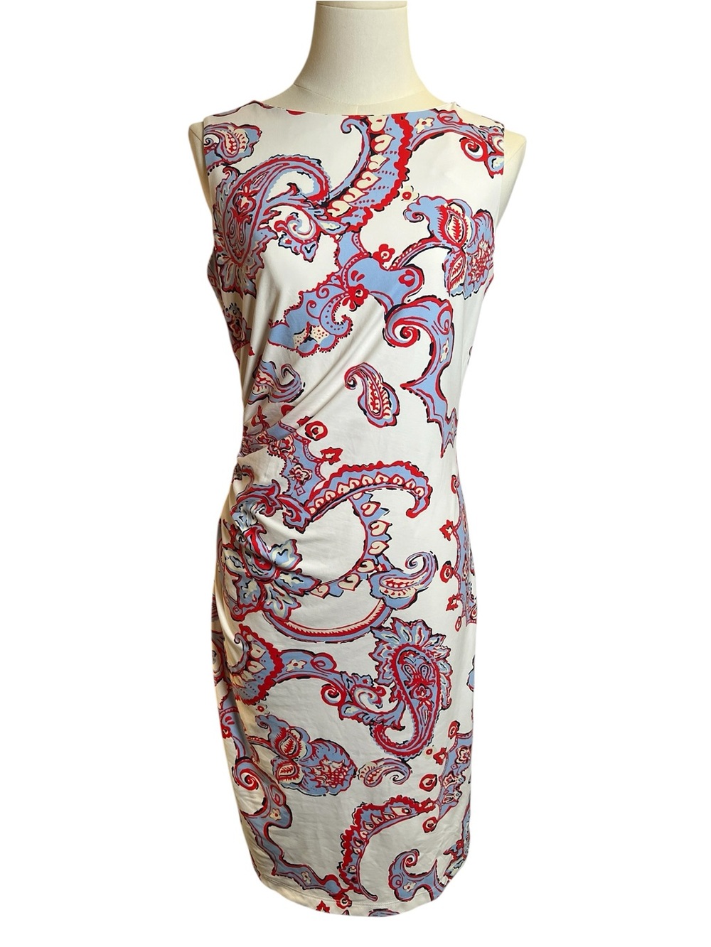 J. McLaughlin women's Ruched white red blue Paisley Dress Size Small